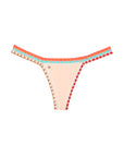Nude pink triangle bikini with red/orange/turquoise crochet detail around all borders. No ties, lined with elastic for a conforming fit.