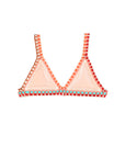 Nude pink triangle bikini with red/orange/turquoise crochet detail around all borders. No ties, lined with elastic for a conforming fit.