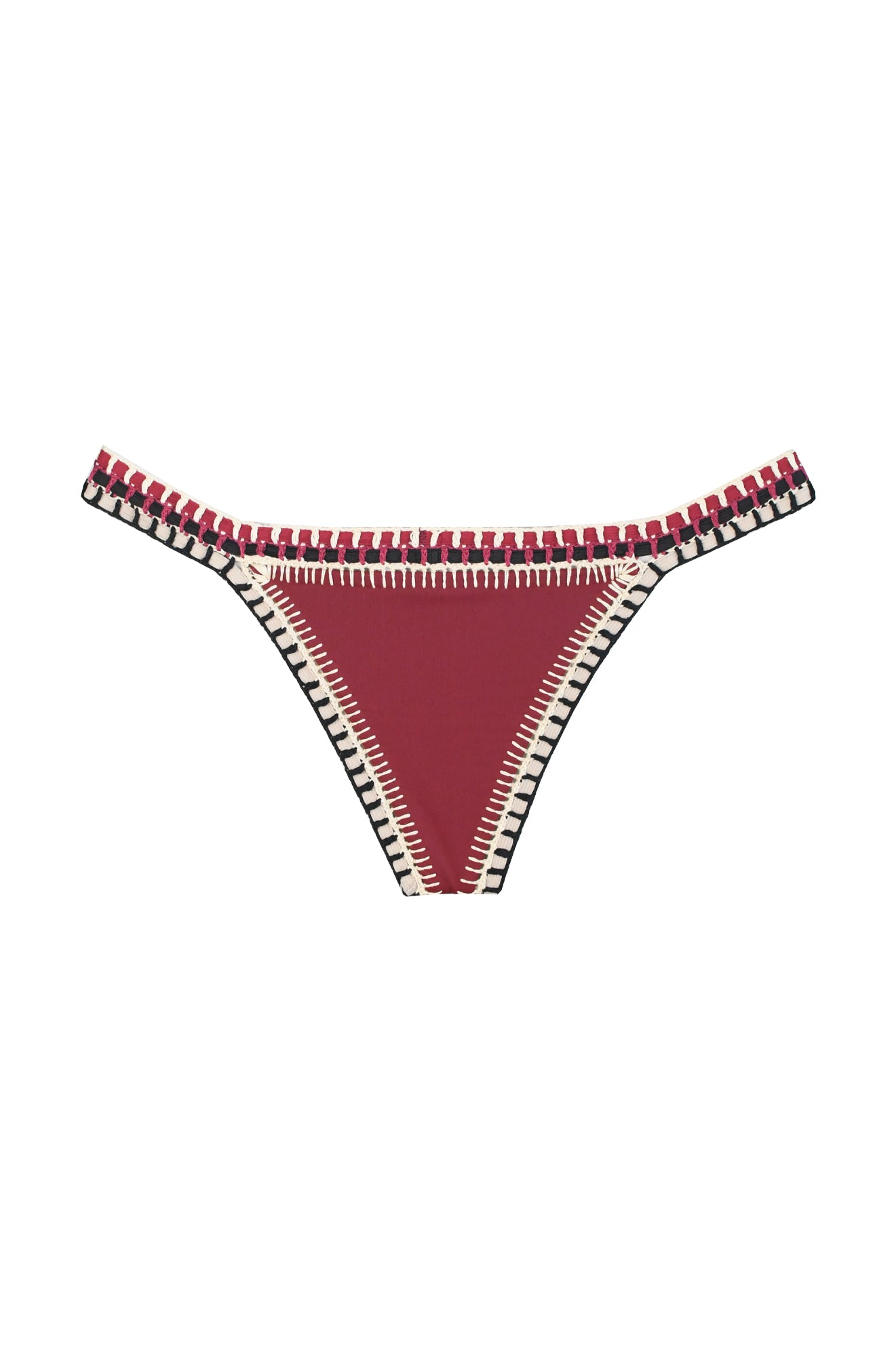 Garnet bikini bottom with cream/black crochet detailing. No ties, compression fabric.