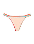 Nude pink triangle bikini with red/orange/turquoise crochet detail around all borders. No ties, lined with elastic for a conforming fit.