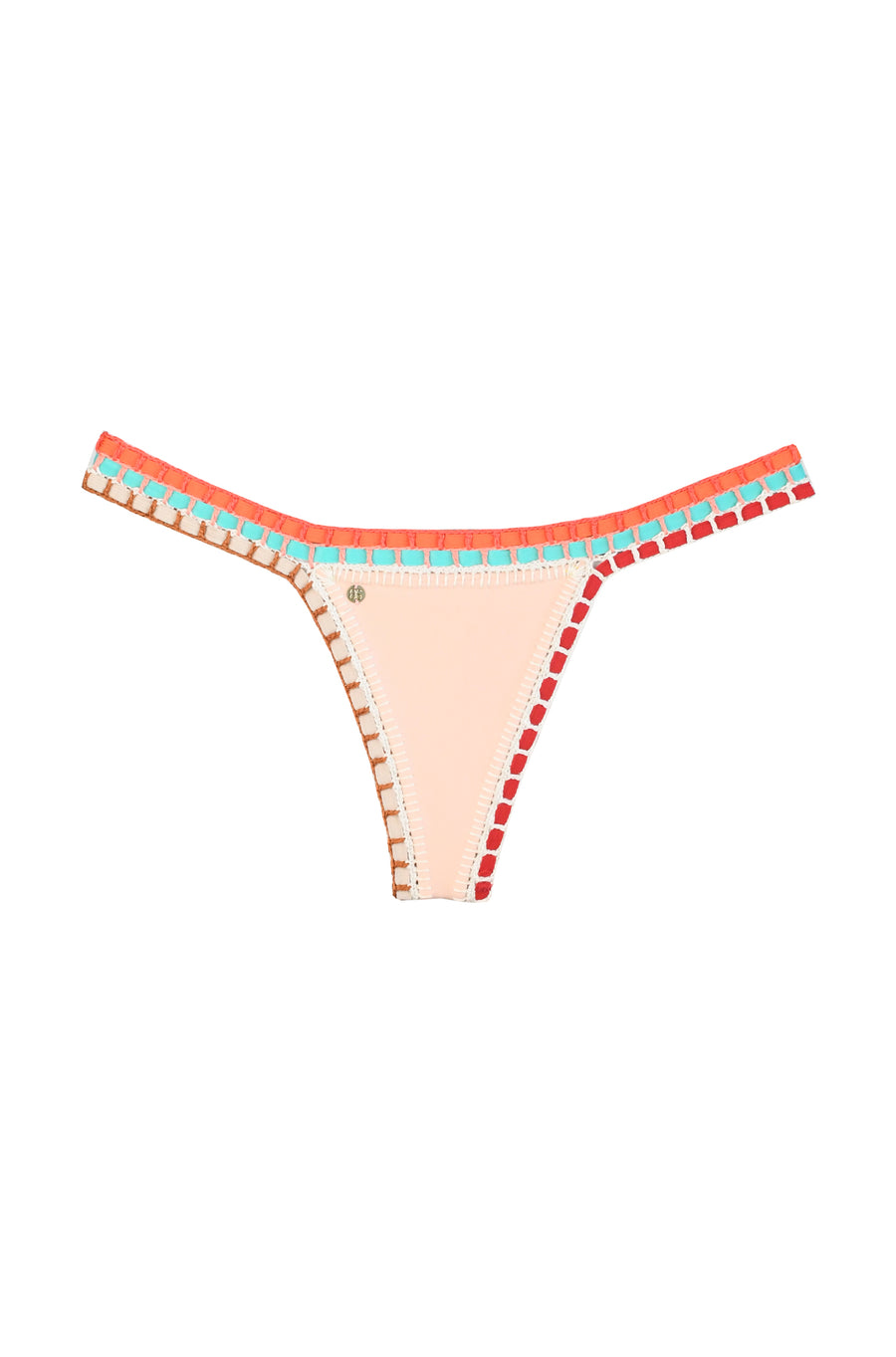 Nude pink triangle bikini with red/orange/turquoise crochet detail around all borders. No ties, lined with elastic for a conforming fit.