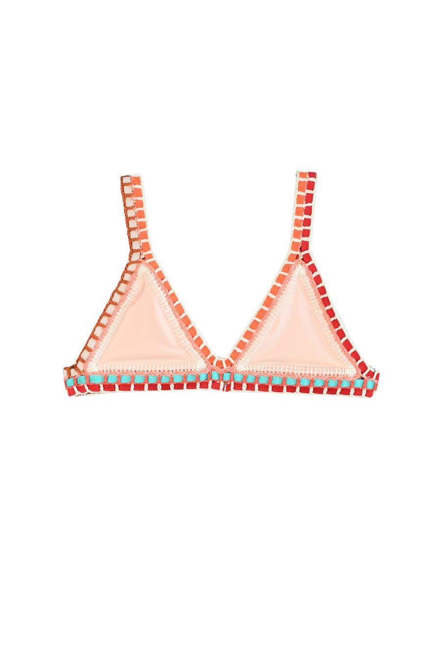 Nude pink triangle bikini with red/orange/turquoise crochet detail around all borders. No ties, lined with elastic for a conforming fit.