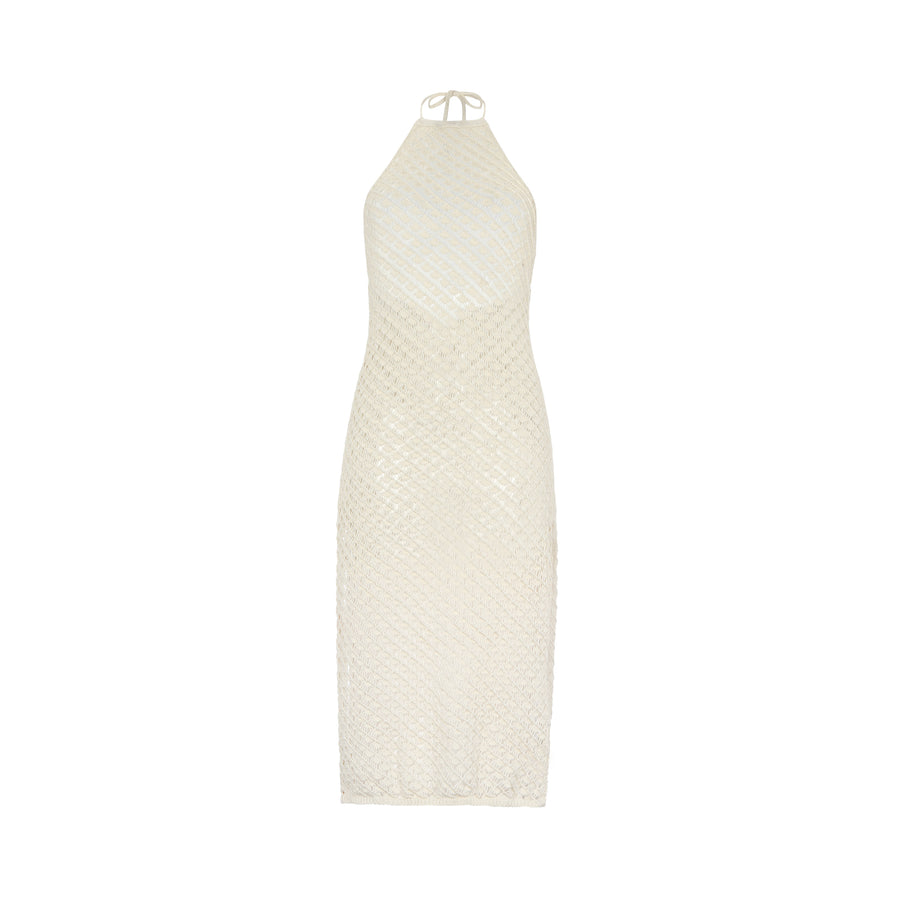 Halter midi dress featuring a side slit, and fully exposed back. Handmade crochet by Peruvian artisans.  50% Cotton, 50% Polyester. Made in Peru