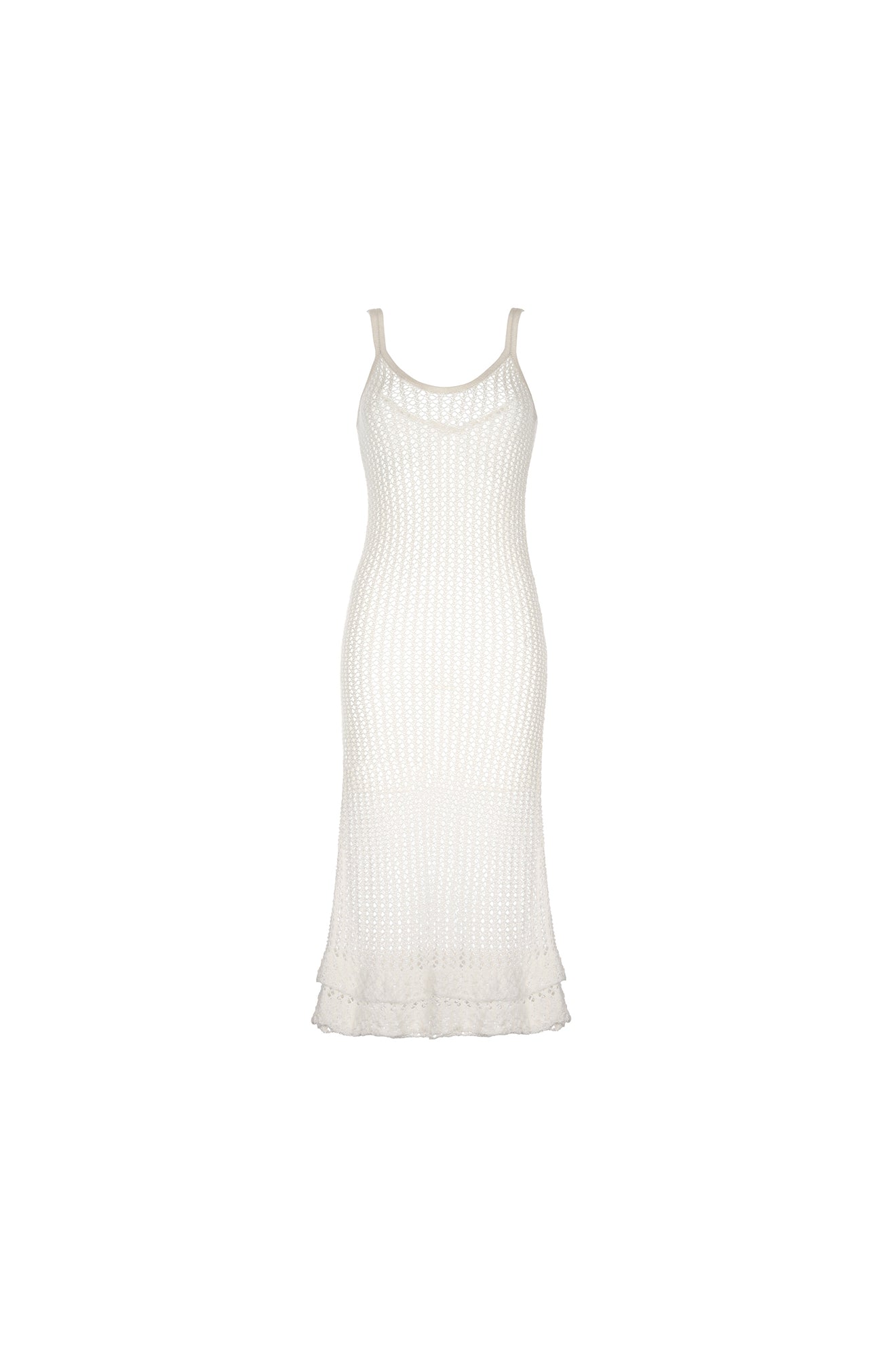 Aldana is a cami style dress designed to subtly hug the body, flattering all figures. A go-to cover-up that is easily dressed up or down. Features a double hem detail. Handmade crochet by Peruvian artisans. 100% cotton. Made in Peru.  Edit alt text