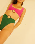 Vintage style green bikini bottom, fitted with tortoise hoop made from plastic resin.